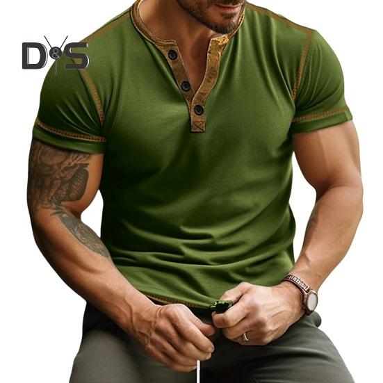 Camiseta de verano para hombre Color a juego Slim Fit Botón Cuello en V Elástico Suave Transpirable Jersey informal Manga corta Longitud media Top diario