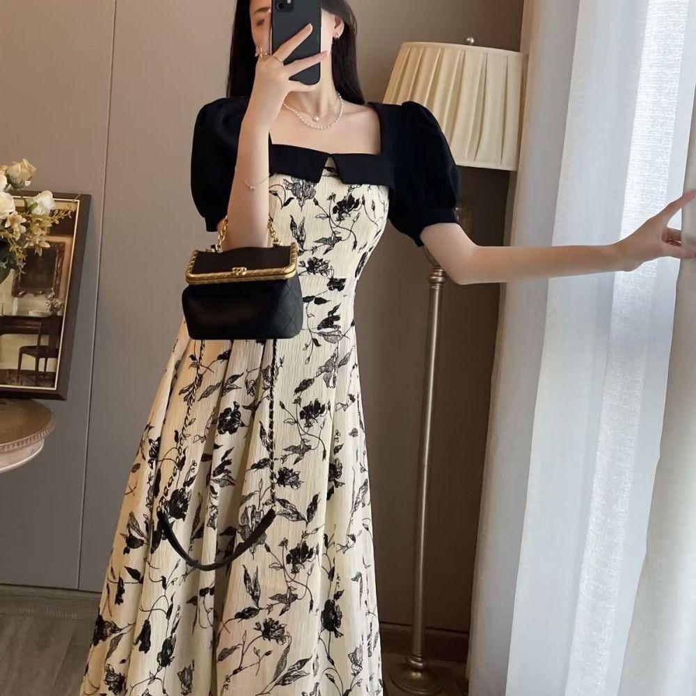 Square Neck A-line Skirt Floral Short Sleeves Dress Sweet Flower Long Dress  Evening Party