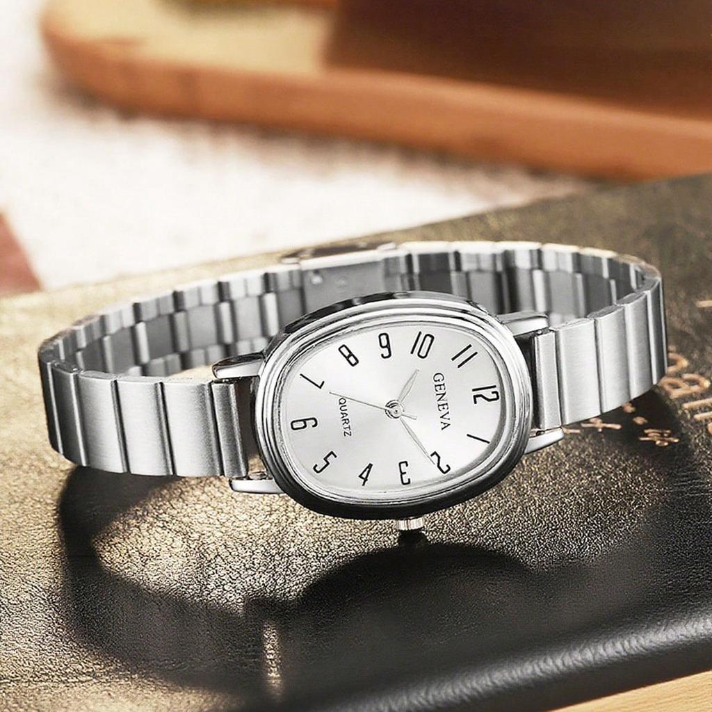 6pcs/Set-Fashion Trendy Steel Strap Bamboo Knot Watch Shining Square Dial Ring Necklace Set - Retro Style