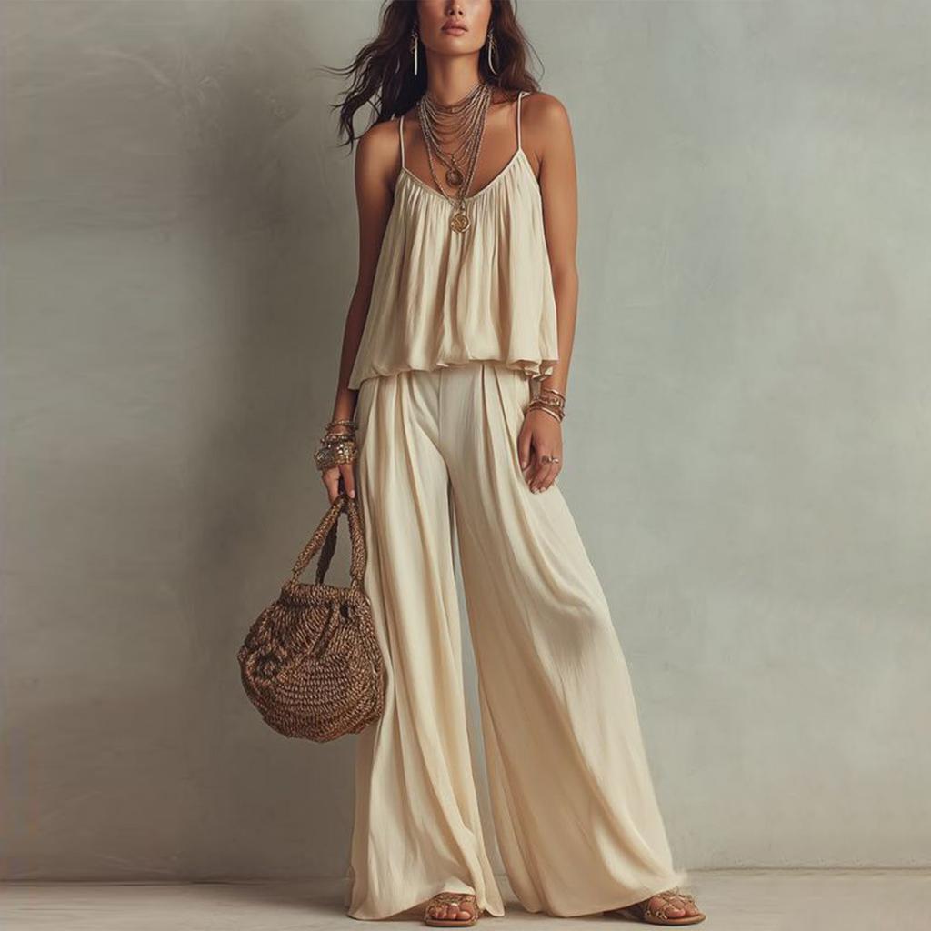 Women Summer Sleeveless V Neck Camisole Top Elastic Waist Wide Leg Pants Two Piece Set Casual Loose Fit
