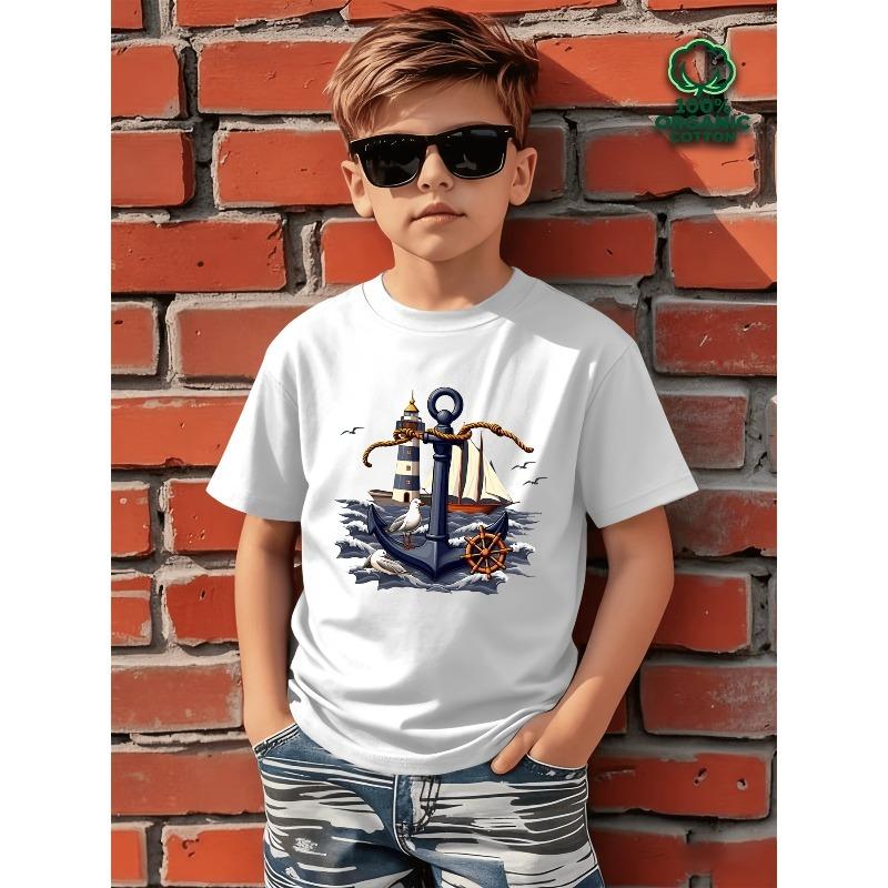 European sizes Boys Casual Fashion Short Sleeve T-Shirt, Anchor Lighthouse Ship Pattern Comfortable Spring Summer Daily Short Sleeve Tee 110 белый