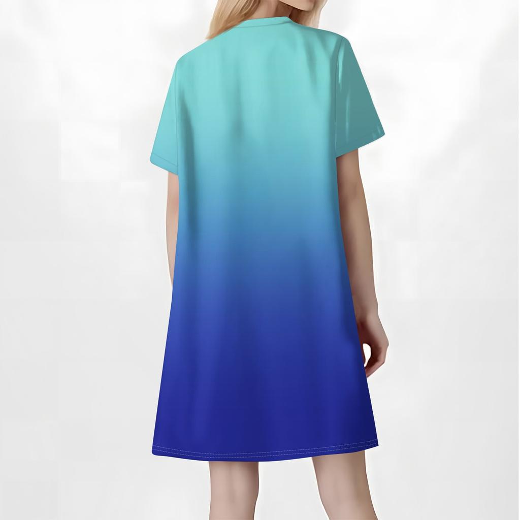 Women Fashion Casual V-neck Short Sleeve Button Gradient Print Dress