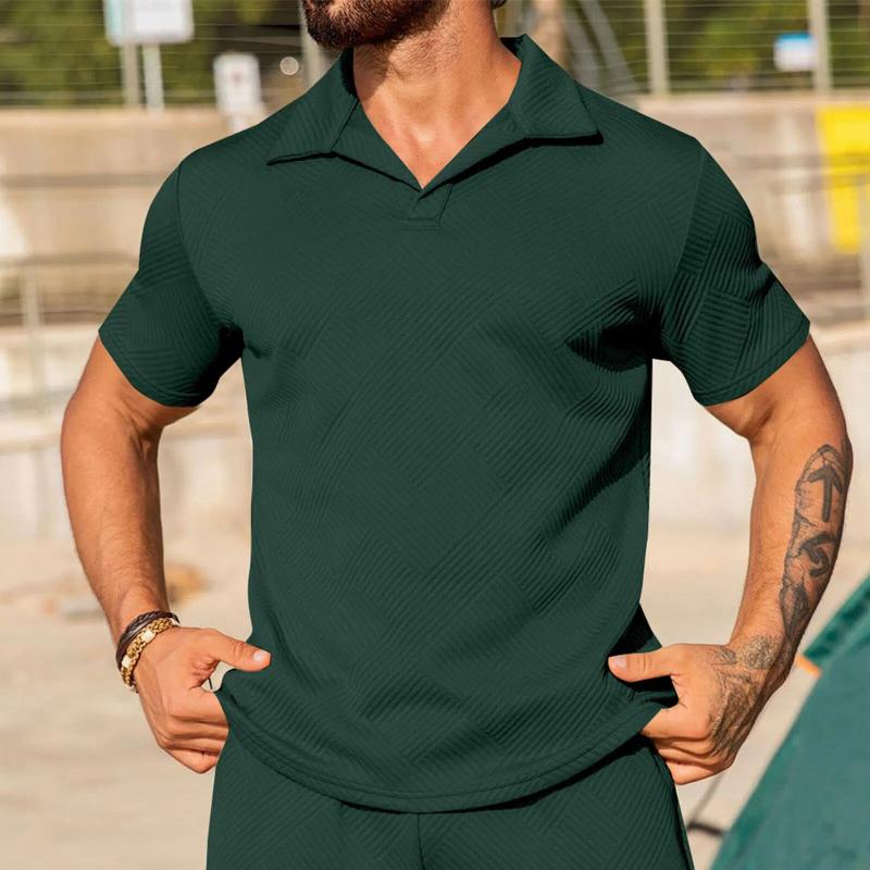 Men Textured Solid Polo Shirt Turn Down Collar Short Sleeve Casual Slim Fit Daily Sport Fashion Tops