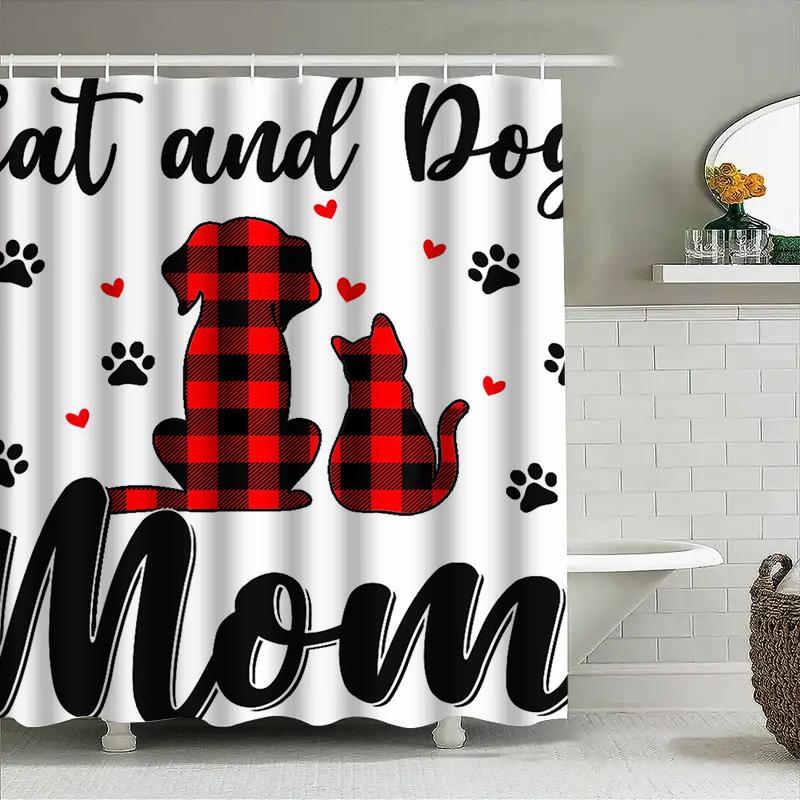 Adorable Cat Dog Print Shower Curtain Set For Bathroom Decor Black Red Plaid Paws Design (180X240Cm)