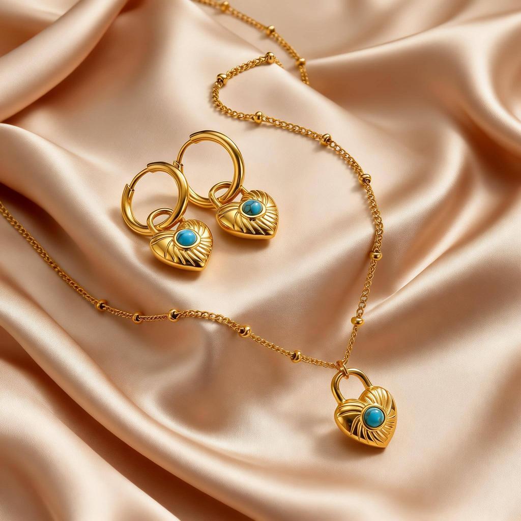 Luxury Turquoise Heart-shaped Lock Pendant Necklace Stainless Steel Beads Chain Blue Natural Stone Fashion Jewelry for Women