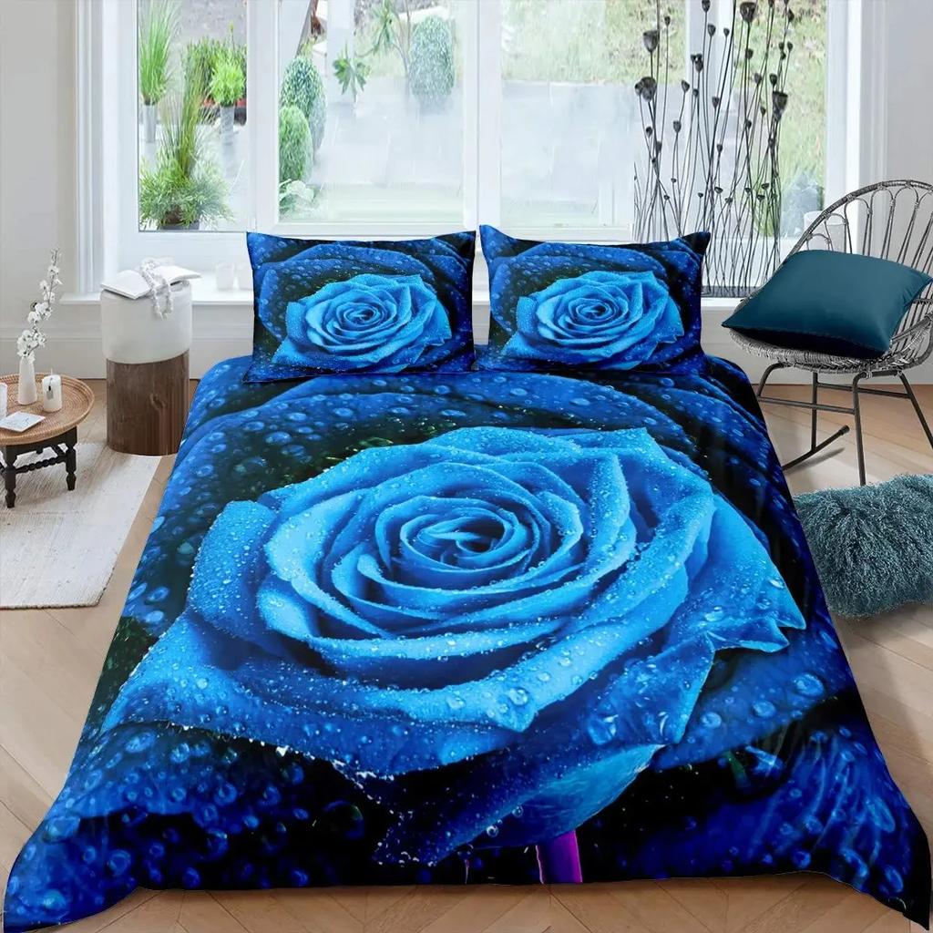 Blue Rose Duvet Cover Set King Size 3D Printed Blossom Flowers Bedding Set Valentine's Day Botanical Polyester Comforter Cover