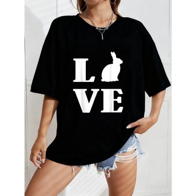 White Oversized T Shirt With Love Bunny Print For Casual Wear