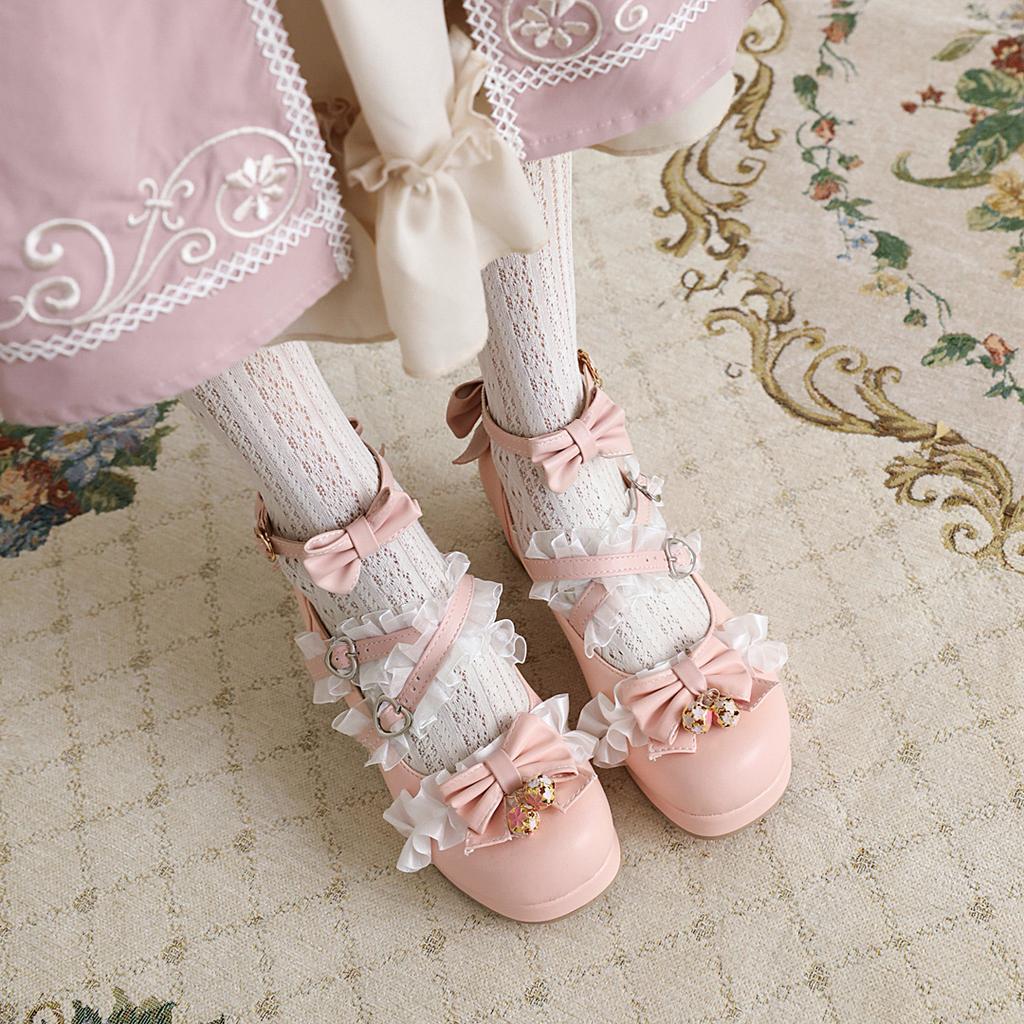 Lolita Shoes Women High Heels Pendant Lace Straps Bow Cute Girls Princess Tea Party Pumps Students Lovely Plus Size 34-48