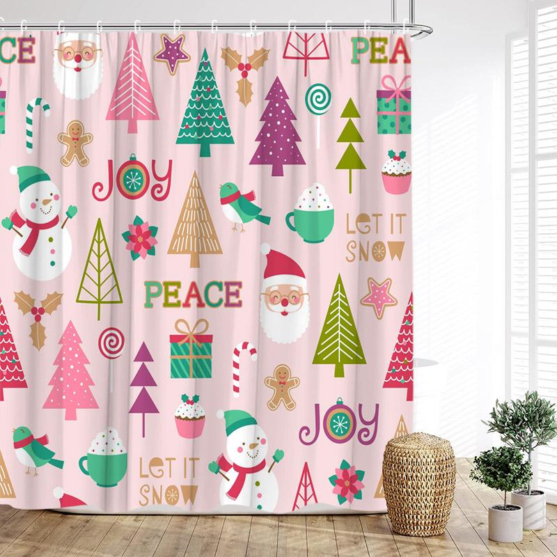 Cartoon Christmas Shower Curtain Funny Snowman Santa Claus Elk Xmas Trees New Year Kids Bath Curtains Bathroom Decor With Hooks