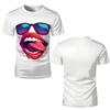 T-Shirt mit lebhaftem Cartoon-Lippen- und Sonnenbrillen-Aufdruck – modisches weißes Unisex-Kurzarm-T-Shirt im Hip-Hop-Stil für Männer