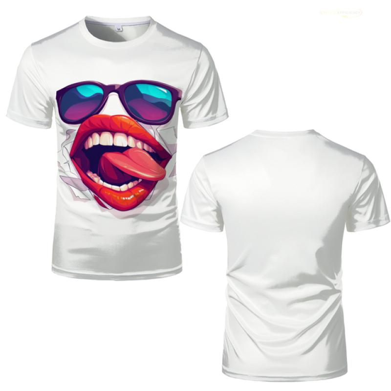 T-Shirt mit lebhaftem Cartoon-Lippen- und Sonnenbrillen-Aufdruck – modisches weißes Unisex-Kurzarm-T-Shirt im Hip-Hop-Stil für Männer