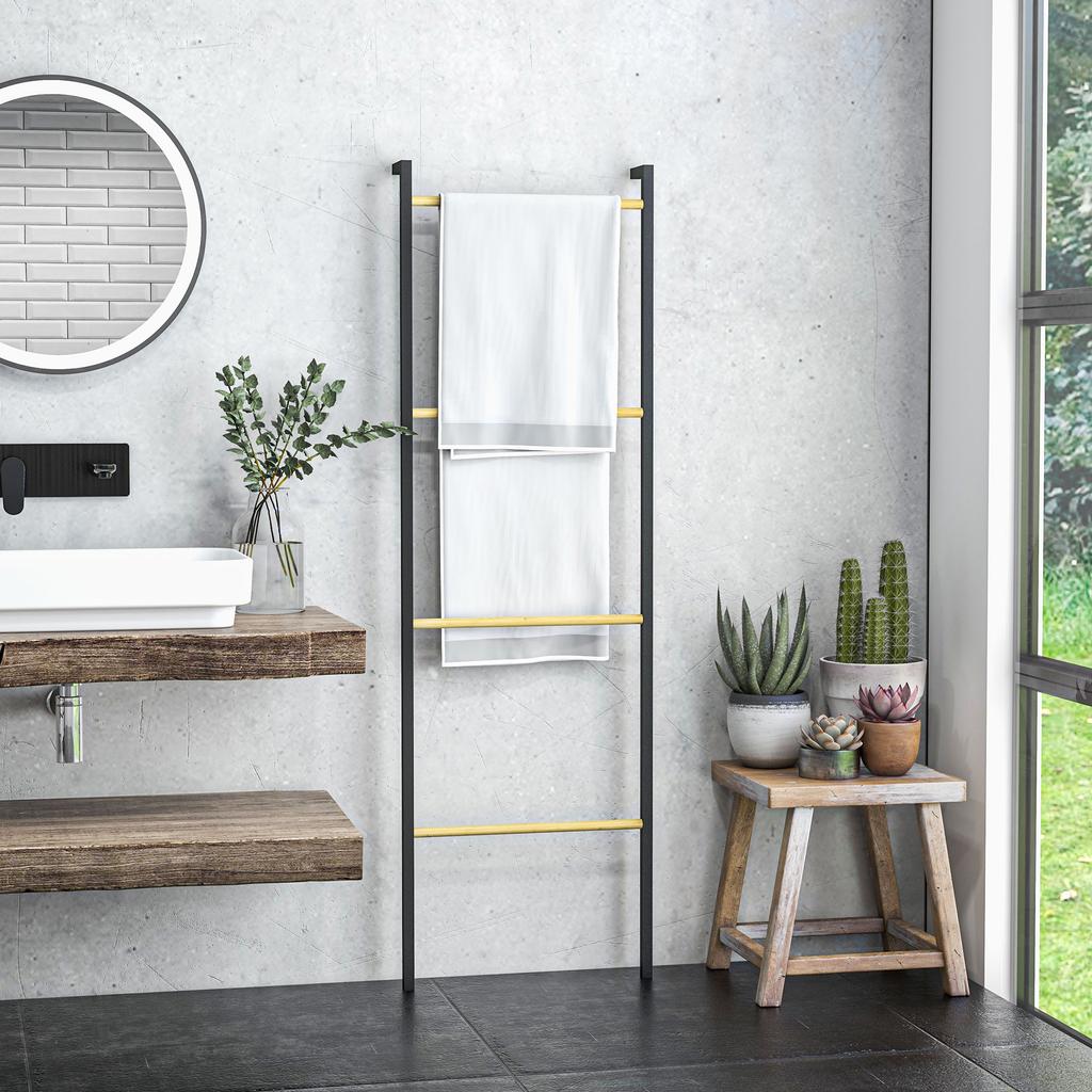 Towel Rail, Freestanding, 4 Bars, 49x5.5x167.5cm, Black/Natural Wood