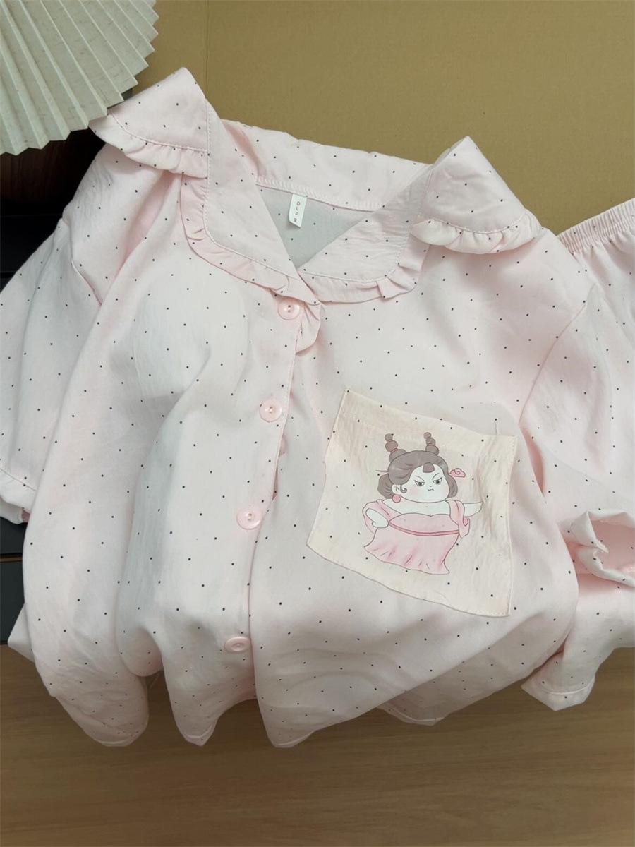 

Japanese sweet pink polka dot cartoon pajamas women s summer short-sleeved shorts set sweet princess style loungewear S