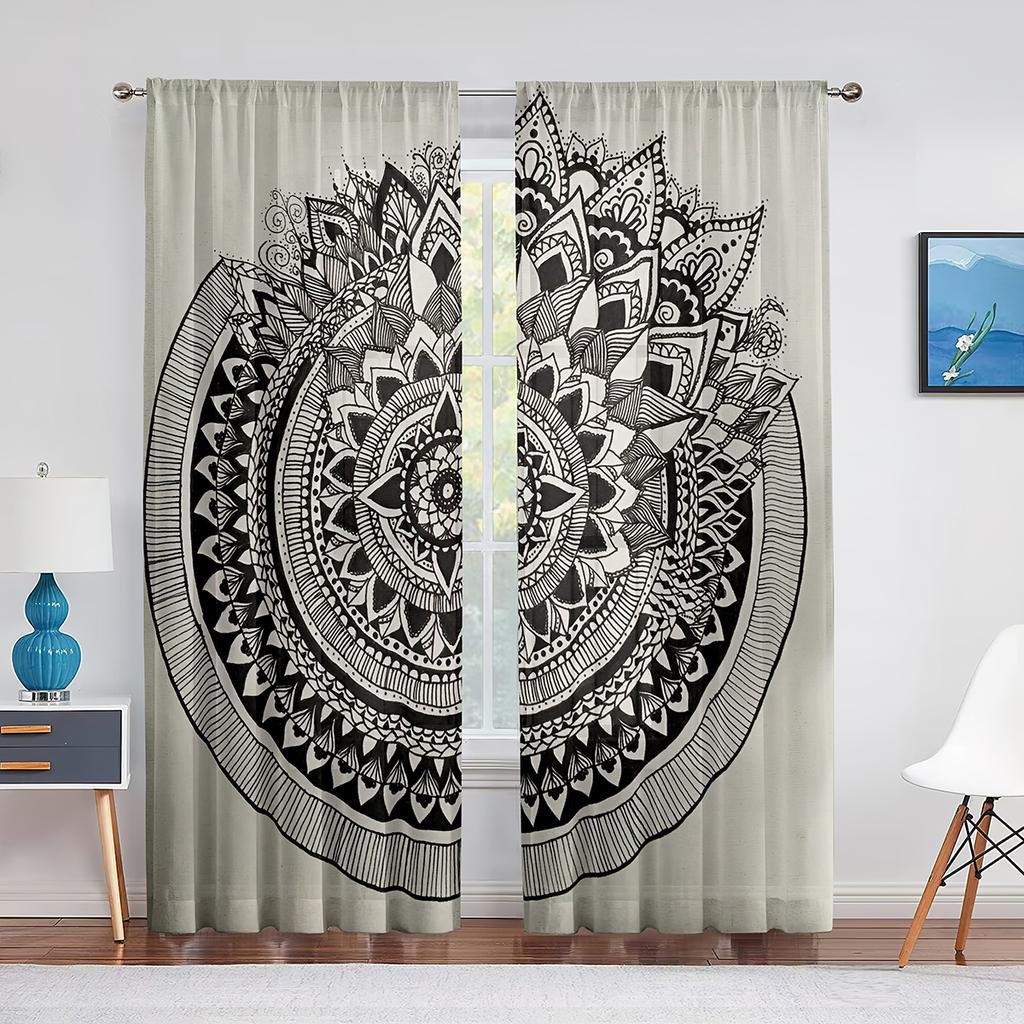 Schwarz-Weißes Boho Mandala Muster Tüllvorhänge für Wohnzimmer Schlafzimmer Dekor Transparent Chiffon Sheer Voile Fenstergardine