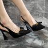 Black word with hollow bow camellia sandals women's horseshoe heel breathable comfortable pointed fashion high heels