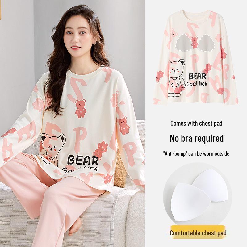 Women's 2025 Long-Sleeve Cartoon Pullover Pajamas with Chest Pad - Versatile Cotton Set for Indoor/Outdoor Wear (Autumn/Winter).