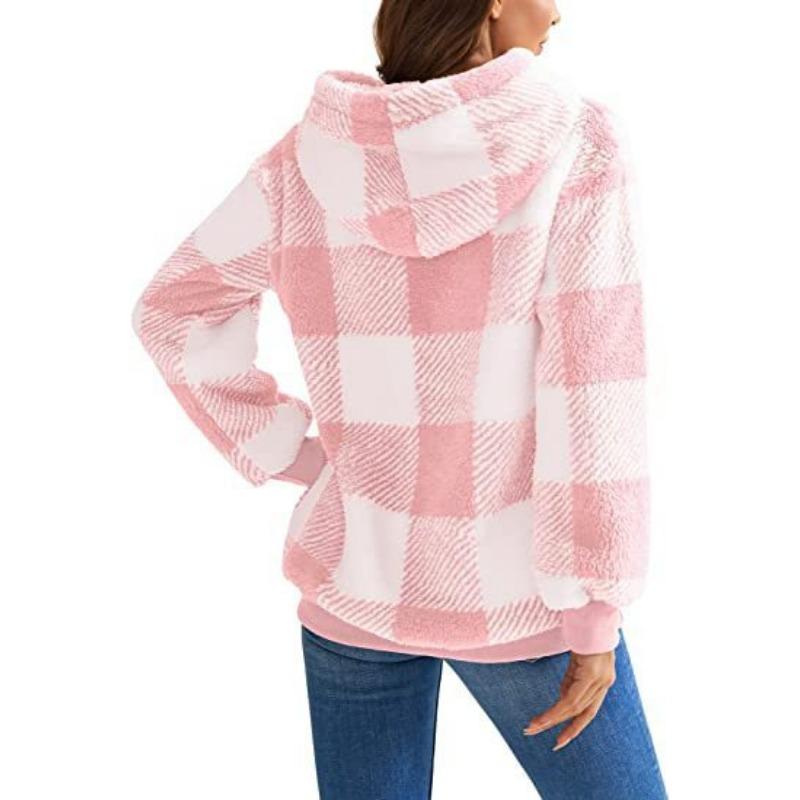 Damen S Langarm Kapuzen Plüsch Kariert Pullover Sweatshirt