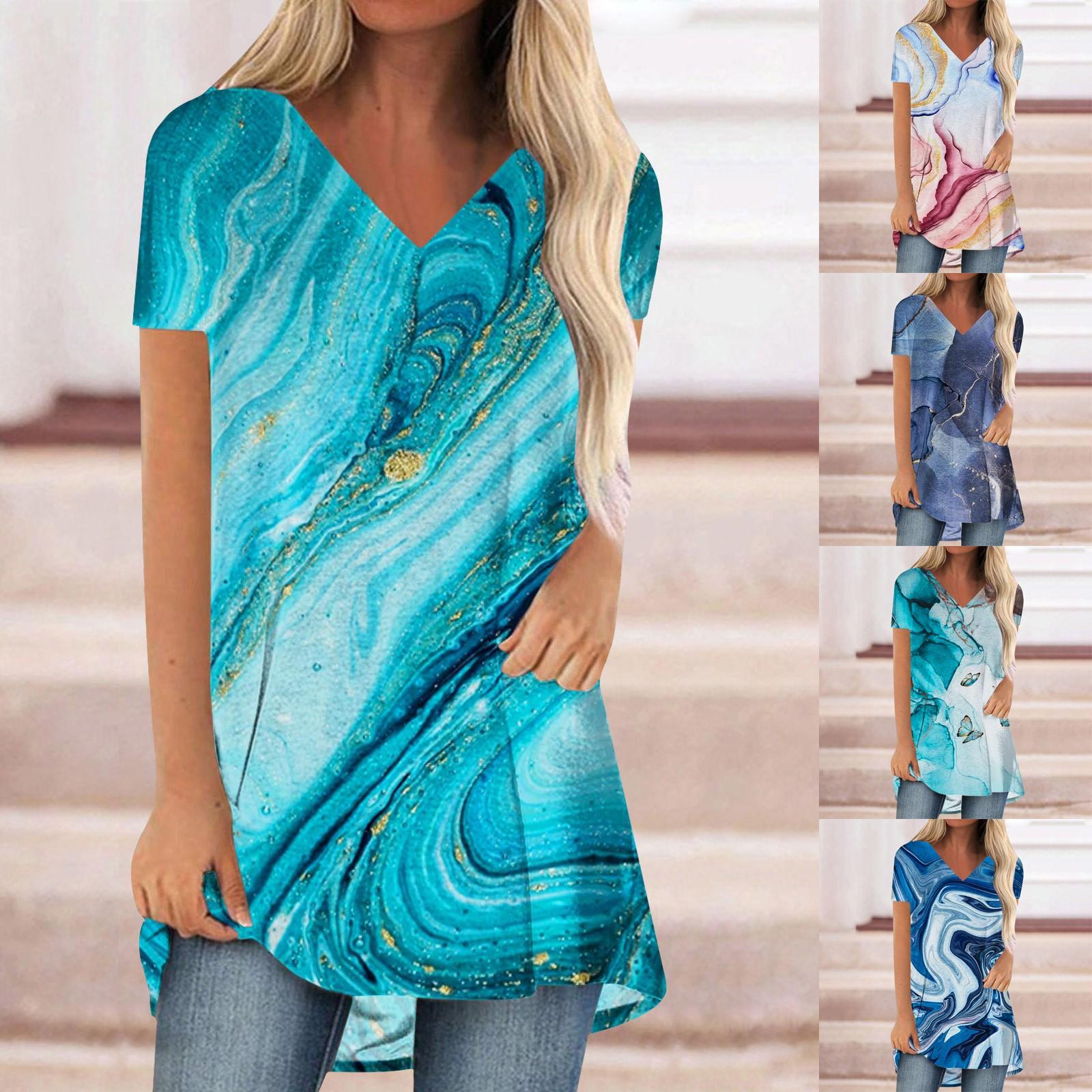 

Женская летняя футболка с принтом, пуловер, топы средней длины с короткими рукавами и v-образным вырезом