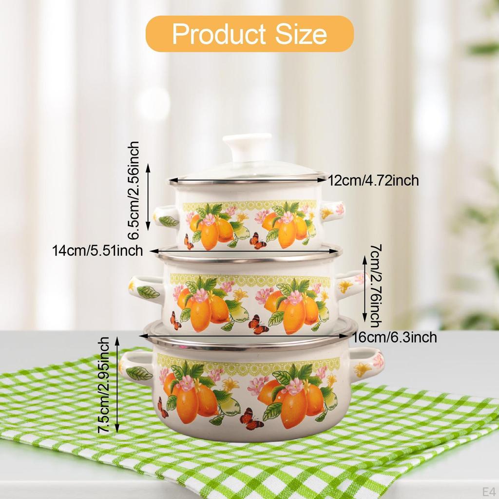 3 Enamel Pots with Handles And Lids for Soups Stews Beans Induction Gas Household Kitchen