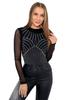 Knitted Bodysuit Blouse with Tulle Sleeves Black