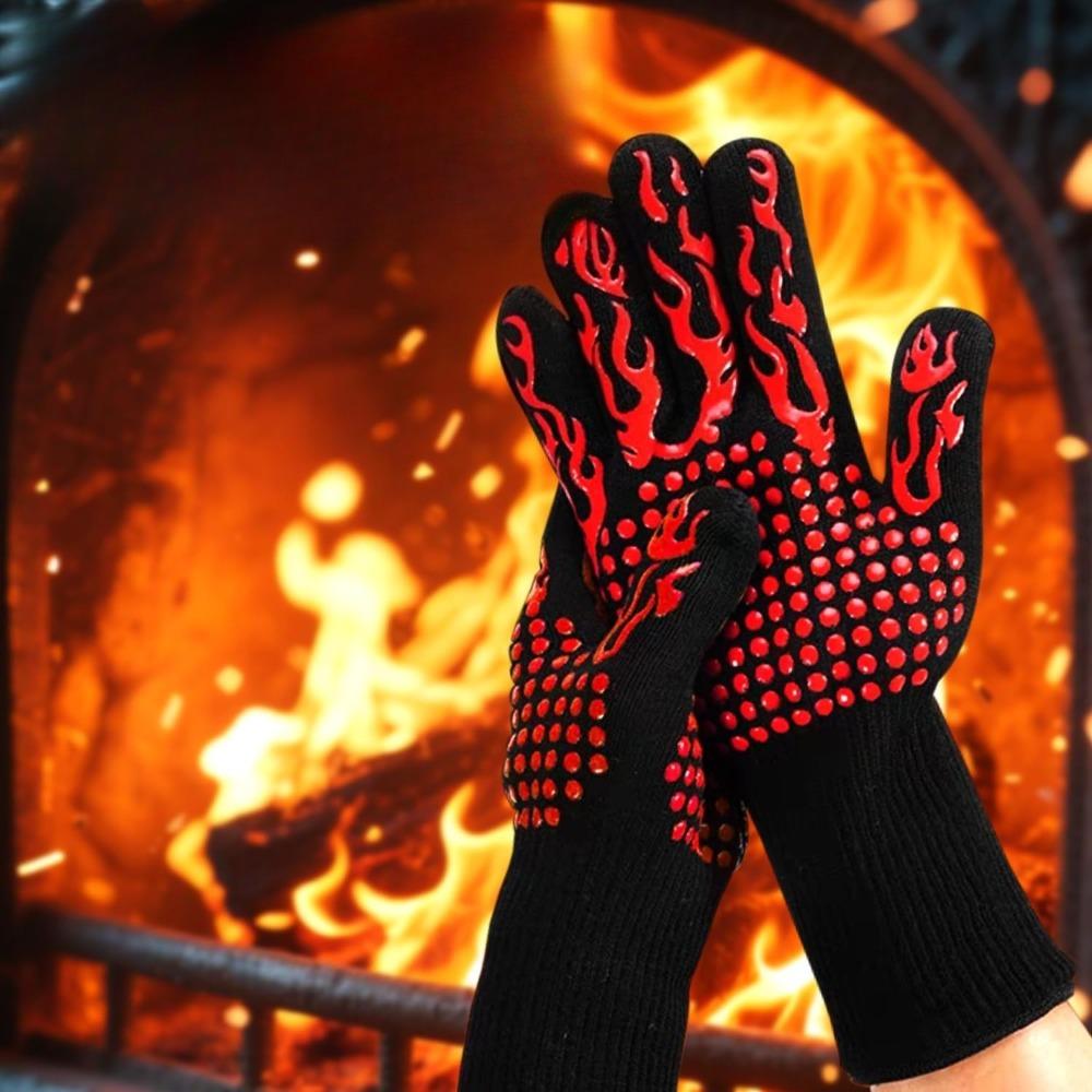 BBQ Gloves Fireproof Heat Resistant Cut Resistant Mitts Non Slip Silicone Oven Gloves Kitchen Gloves for Barbecue Cooking Baking