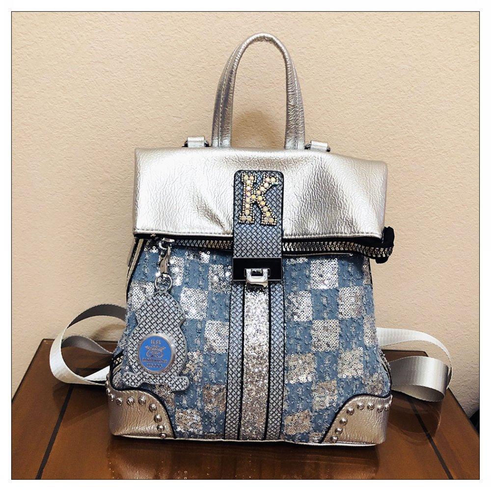 Karierter Denim-Rucksack mit Pailletten, Umhängetasche, Damentasche, vielseitiger, modischer und personalisierter Rucksack mit einer Schulter