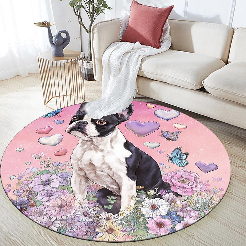 Cute Boston Terrier Pattern Round rug,Carpet Rug for Living Room Bedroom  Playroom ,Non-slip Floor Mat,Holiday Gifts and Birthday Gifts.