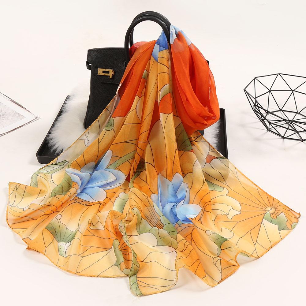 Chiffon Lotus Print Long Scarf - Lightweight, Thin Spring/Autumn Silk Accessory for Middle-Aged & Elderly