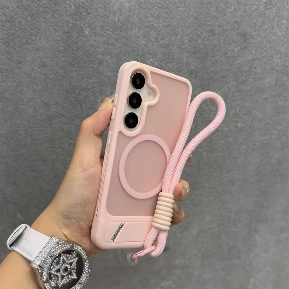 Fashion Wristband Lanyard Case for Samsung Galaxy S26 S25 Ultra S24 S23 Plus FE S25Edge S26+ 45° Bracket Matte Shockproof Cover