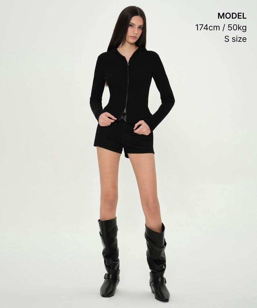 MUSINSA STANDARD WOMAN Women'S Ribbed Slim Hooded Knit Zip-Up [Black]