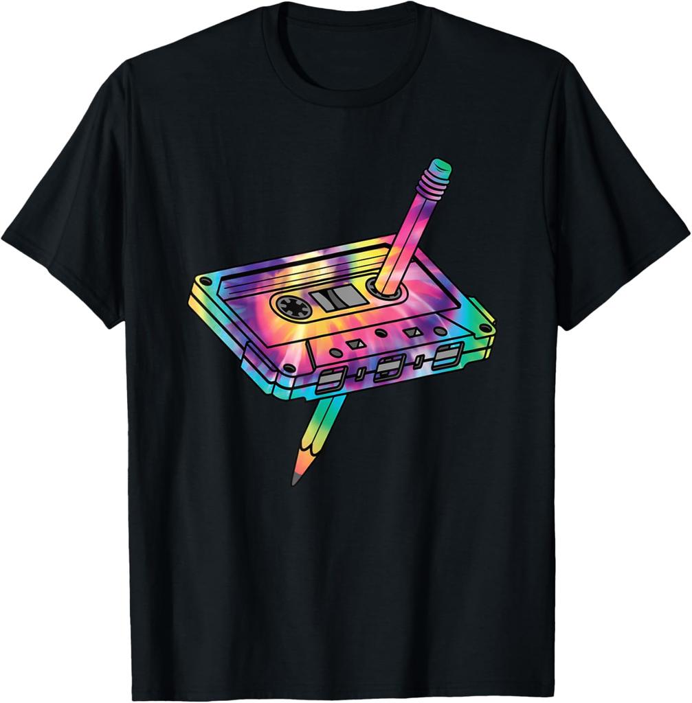 Retro Cassette Tape Tie Dye Graphic Tee 80s 90s Music Lover Casual Cotton T-Shirt