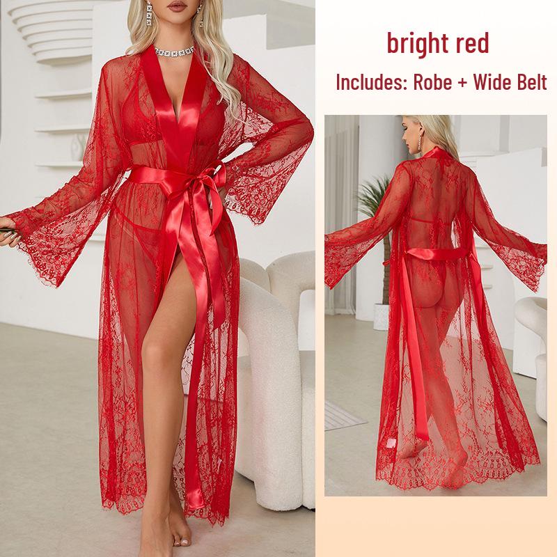 

Feiyun Сексуальна нічна сорочка з прозорого матеріалу з мереживною обробкою, піжама, жіночий верхній одяг, домашній одяг Large червоний