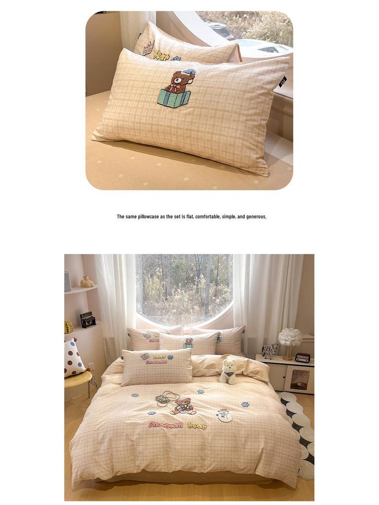 Cute Four-Piece Embroidered Cotton Bedding Set - Skin-Friendly, Breathable, Universal for All Seasons, Perfect for Dorms and Homes