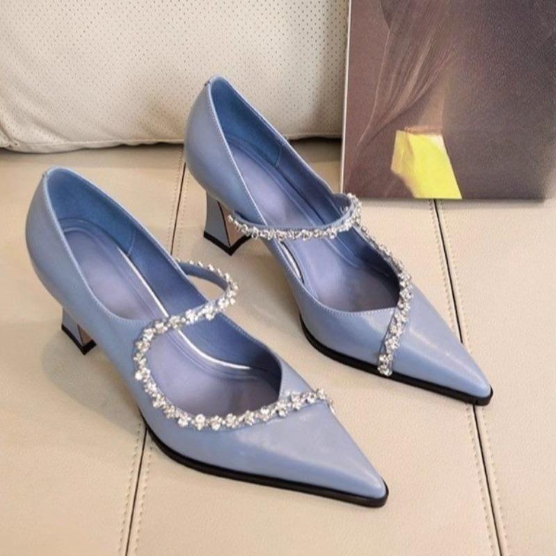 

Модные туфли-лодочки на тонком каблуке со стразами, женские модные туфли с острым носком и неглубоким вырезом, без застежки, нескользящие туфли на высоком каблуке 39 светло-синий