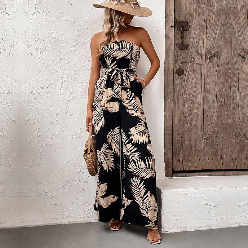 Leisure Vacation Tropical Wind Leaf Printed Tube Jumpsuit