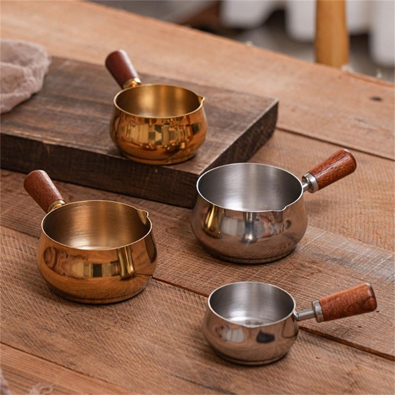 Stainless Steel Pouring Cups With Wooden Handle Stackable Dip Saucers For Heating Butter And Preparing Coffee