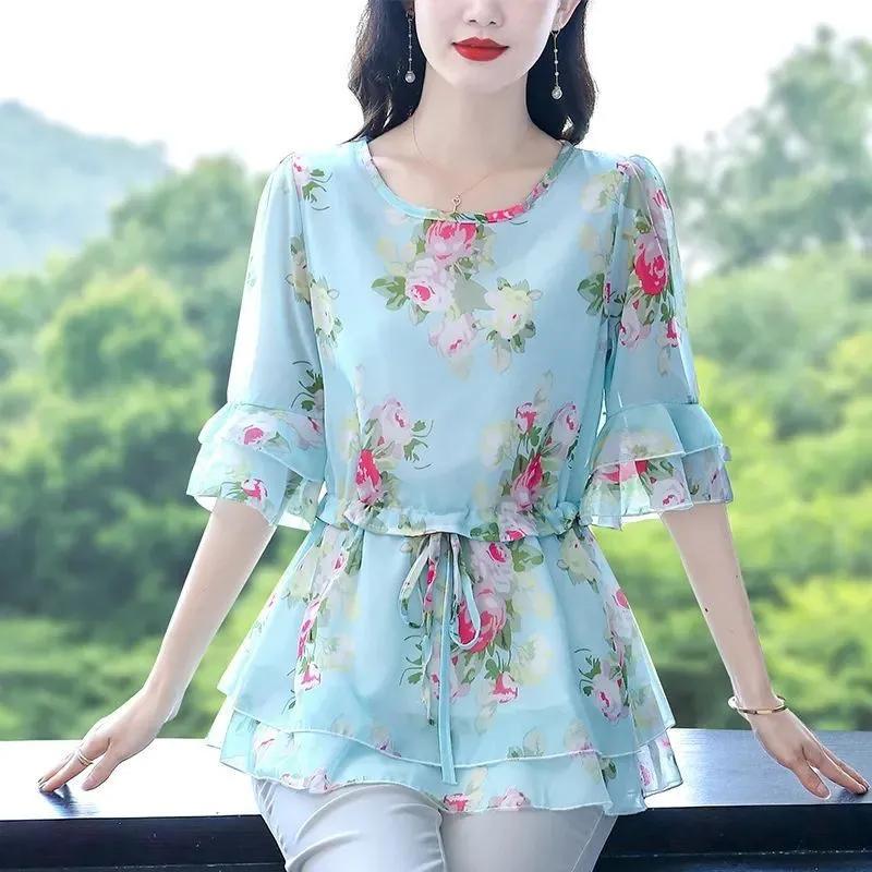 Damen Sommer Mittellange Temperament Blumen Chiffon Shirt Mom Lose Taille Bauchschattierung Bluse L