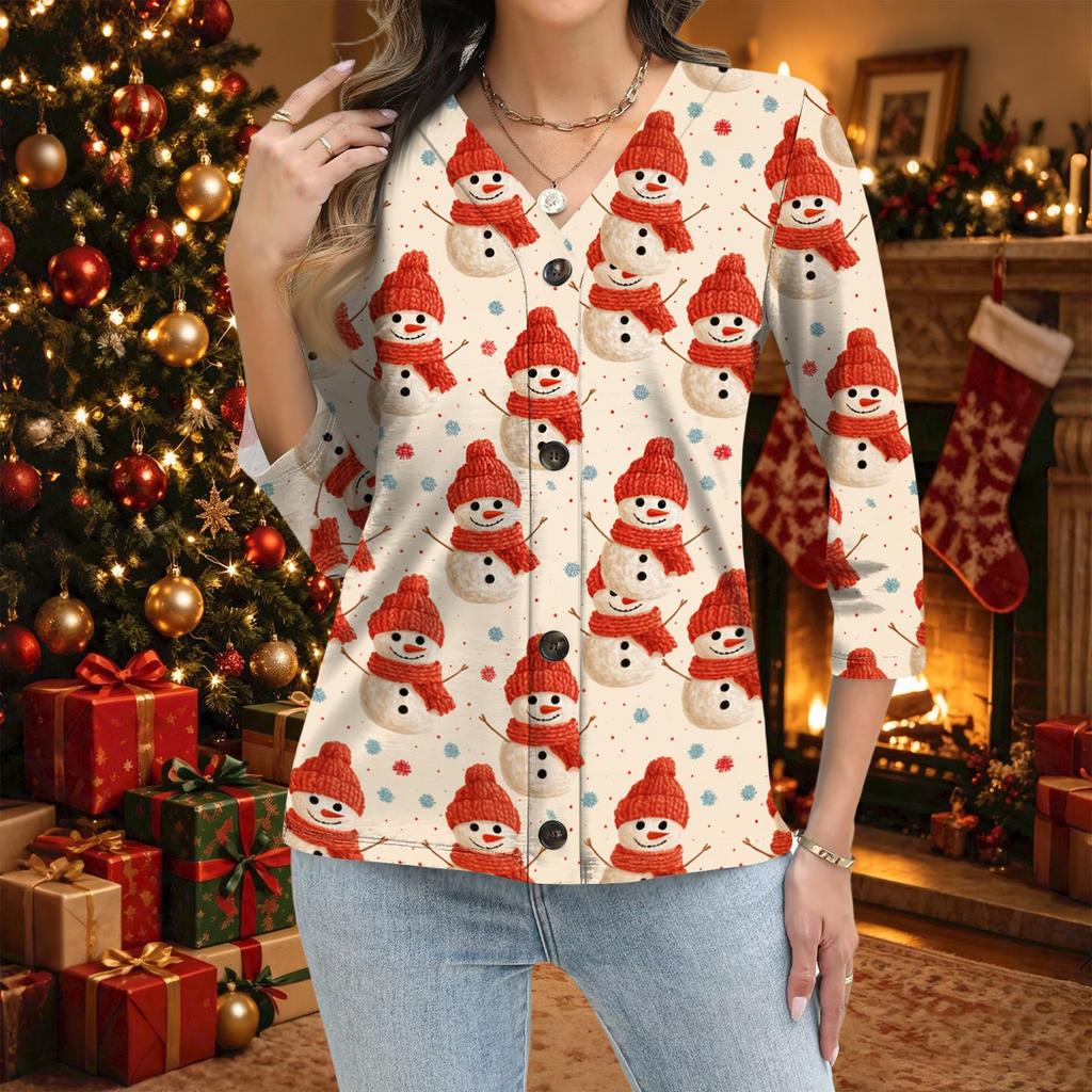 Women's Christmas Printed Button Down Shirt 3/4 Sleeve Casual Top