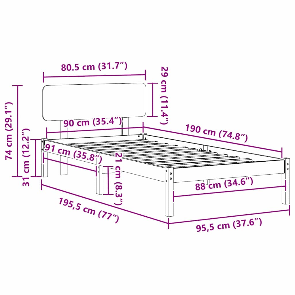 Bed Frame Wax Brown 90 x 190 cm Solid Pine Wood
