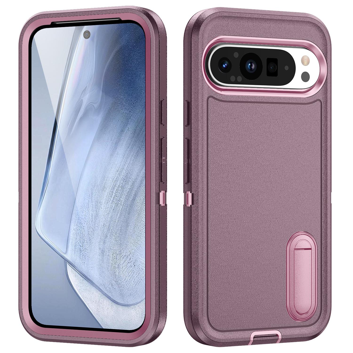 

For Google Pixel 9 Pro XL Case Kickstand Phone Cover PC+Silicone+EVA 3-in-1 Design Purple+Pink