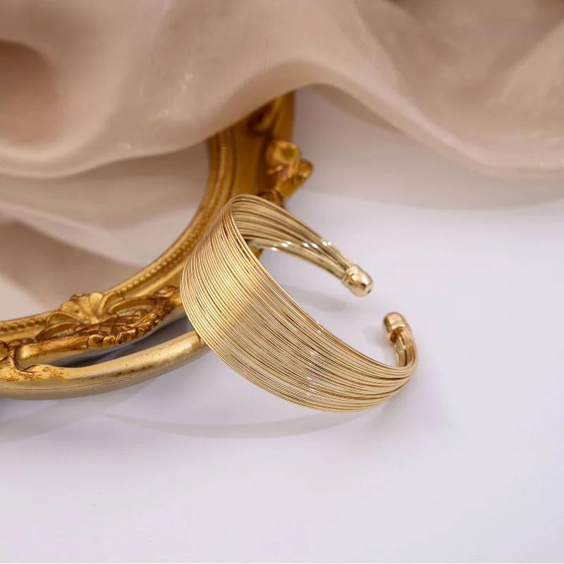 Vintage Gold Color Multi-Layer Opening Wide Cuff Bracelet for Women Punk Metal Adjustable Personality Bracelet Jewelry Gifts