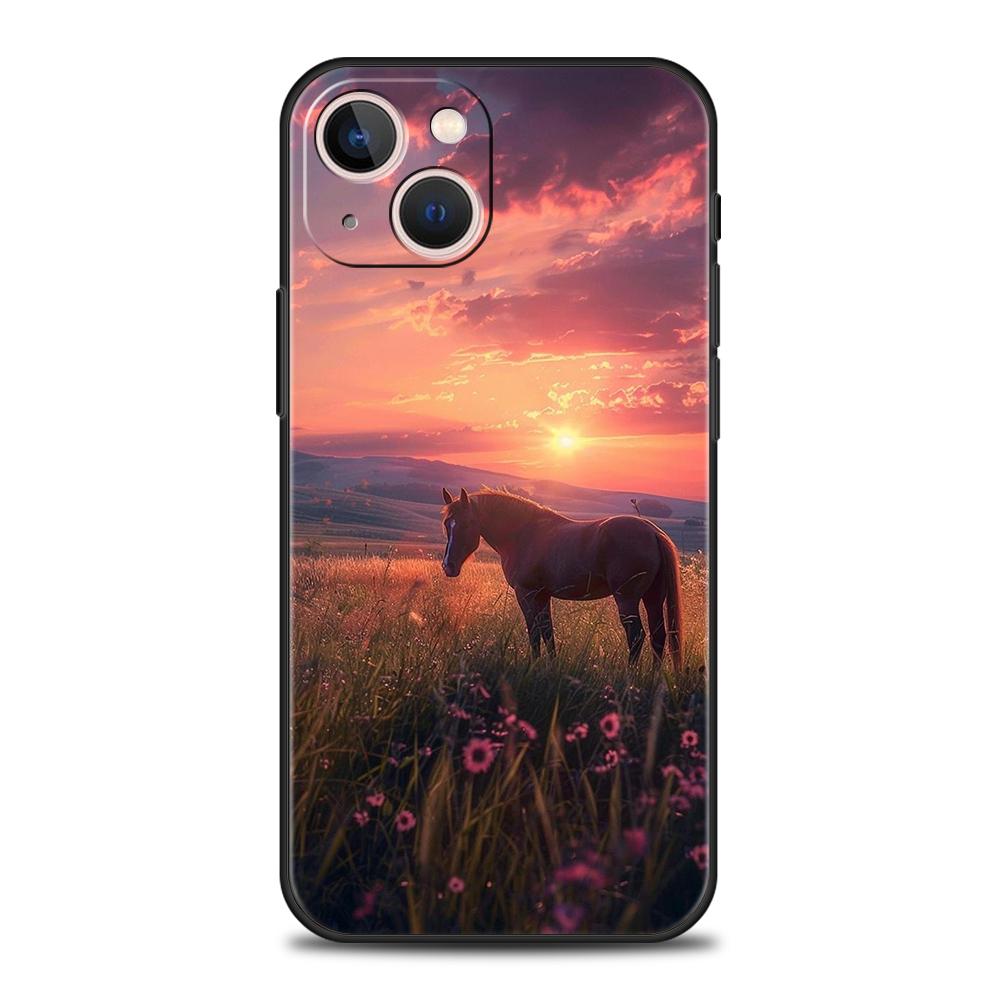 Luxury TPU Soft Phone Case For iPhone 16 11 15 14 Pro MAX 12 13 7 8 Plus X XR XS SE 2022 Black Cover Horse Animal