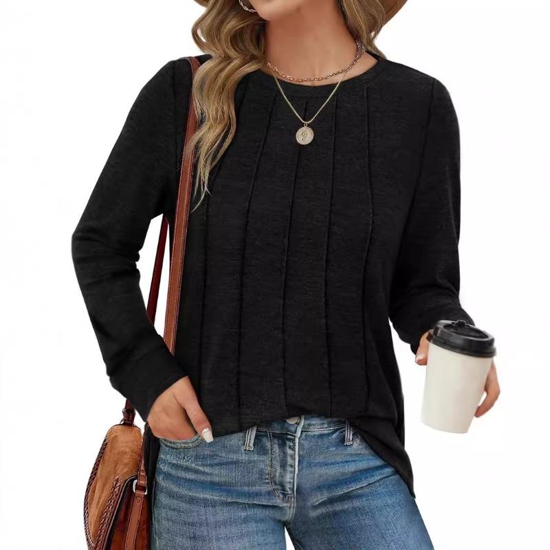 Autumn Winter Long Sleeved Top with Round Neck Pleated Knit Solid Color Loose Fitting Women's T-shirt
