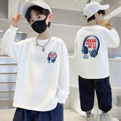 100% Pure Cotton Boys' Long-Sleeve Round Neck Loose T-Shirt for Autumn