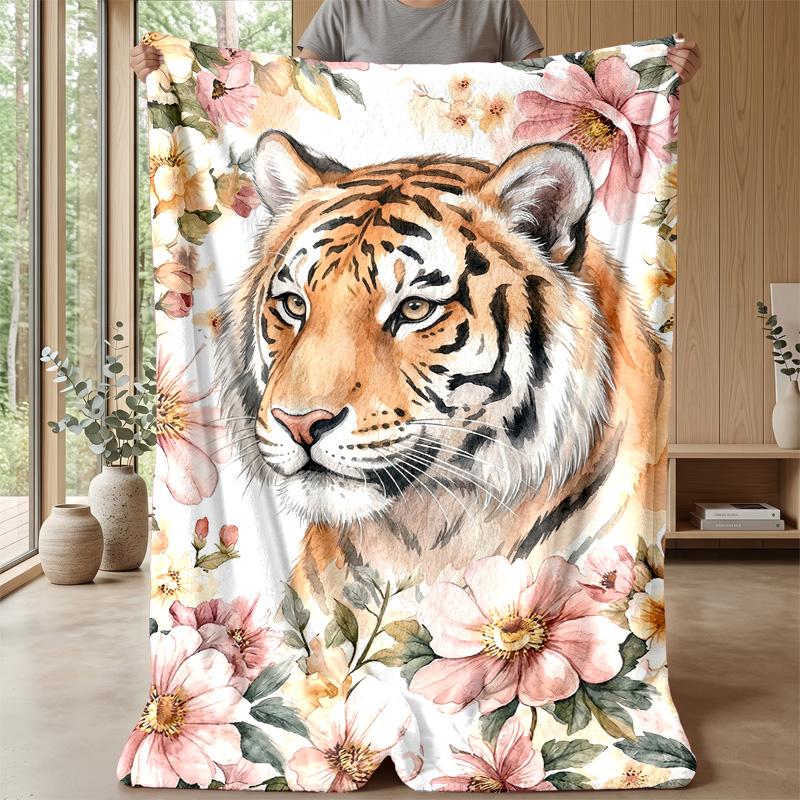 Tiger amidst floral splendor Theme blanket Lightweight Warm Flannel Blanket Decorative Throw Blanket for Home Decoration