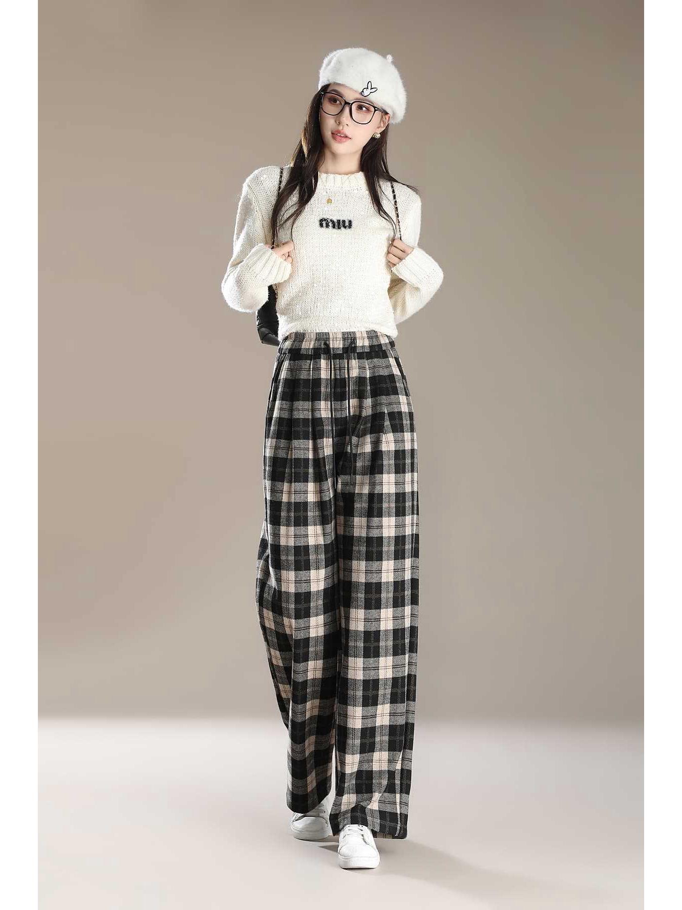

Women s Retro Wool Plaid Velvet-Lined Wide-Leg Pants XXL (135-150 lbs)