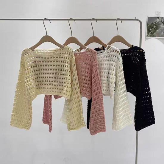 Couverture de protection solaire Col rond Manches extra longues Doux Extensible Protection solaire Pulls Hauts Couleur unie Design ajouré Hauts courts en tricot