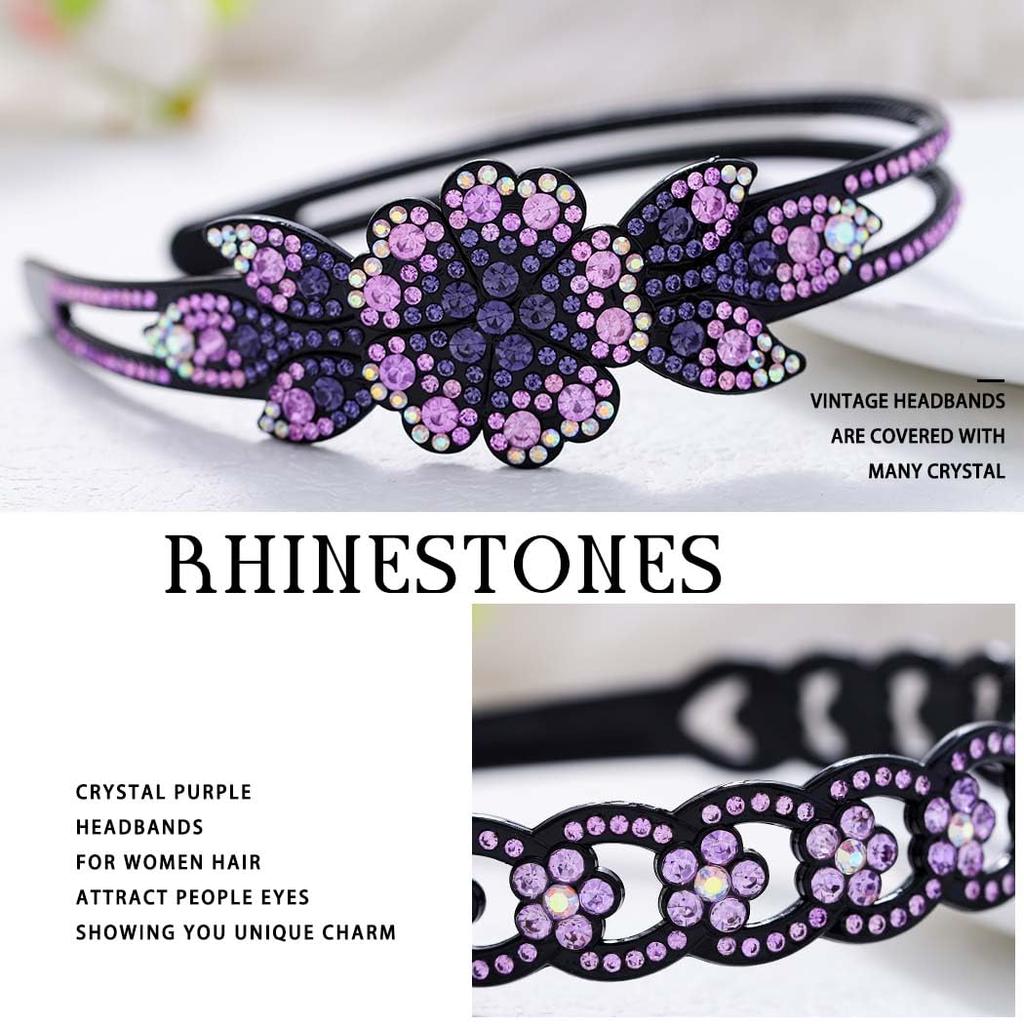 Purple Rhinestone Headbands for Women Crystal Floral Bejeweled Hairbands Double Row Non-Slip Hair Hoop (A-purple)