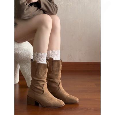 Martin Boots Small Height Boots Spring and Autumn High Heel Medium Boots Short Boots Western Pile Boots