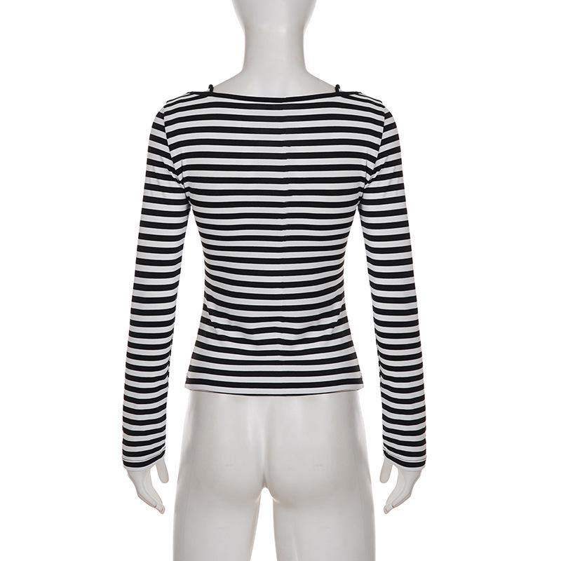 European & American Style V-Neck Lace-Trim Striped Long-Sleeve Slim-Fit Two-Piece Look Top for Women